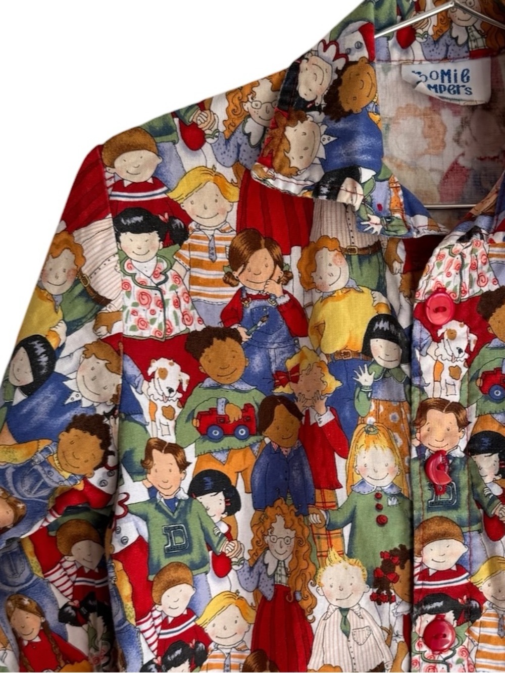 Vintage Kids Novelty People Print Shirt Sz 6/7 Multicolour Button Up 100% Cotton